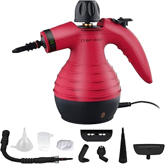 Comforday Handheld Pressurized Steam Cleaner - Multipurpose Steamer with 9-Piece Accessory Kit for Stain Removal, Upholstery, Curtains, Car Seats, Carpets, Floors, and Windows (Red)