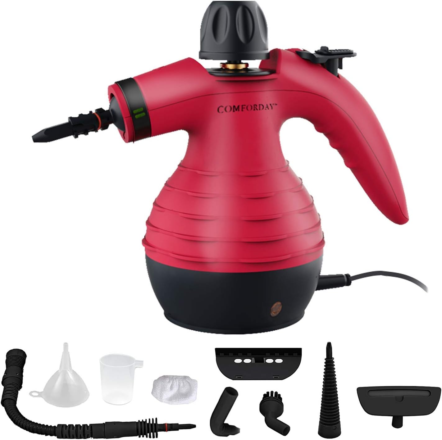 Handheld Pressurized Steam Cleaner - Multipurpose Steamer with 9-Piece Accessory Kit for Stain Removal, Upholstery, Curtains, Car Seats, Carpets, Floors, and Windows (Red)