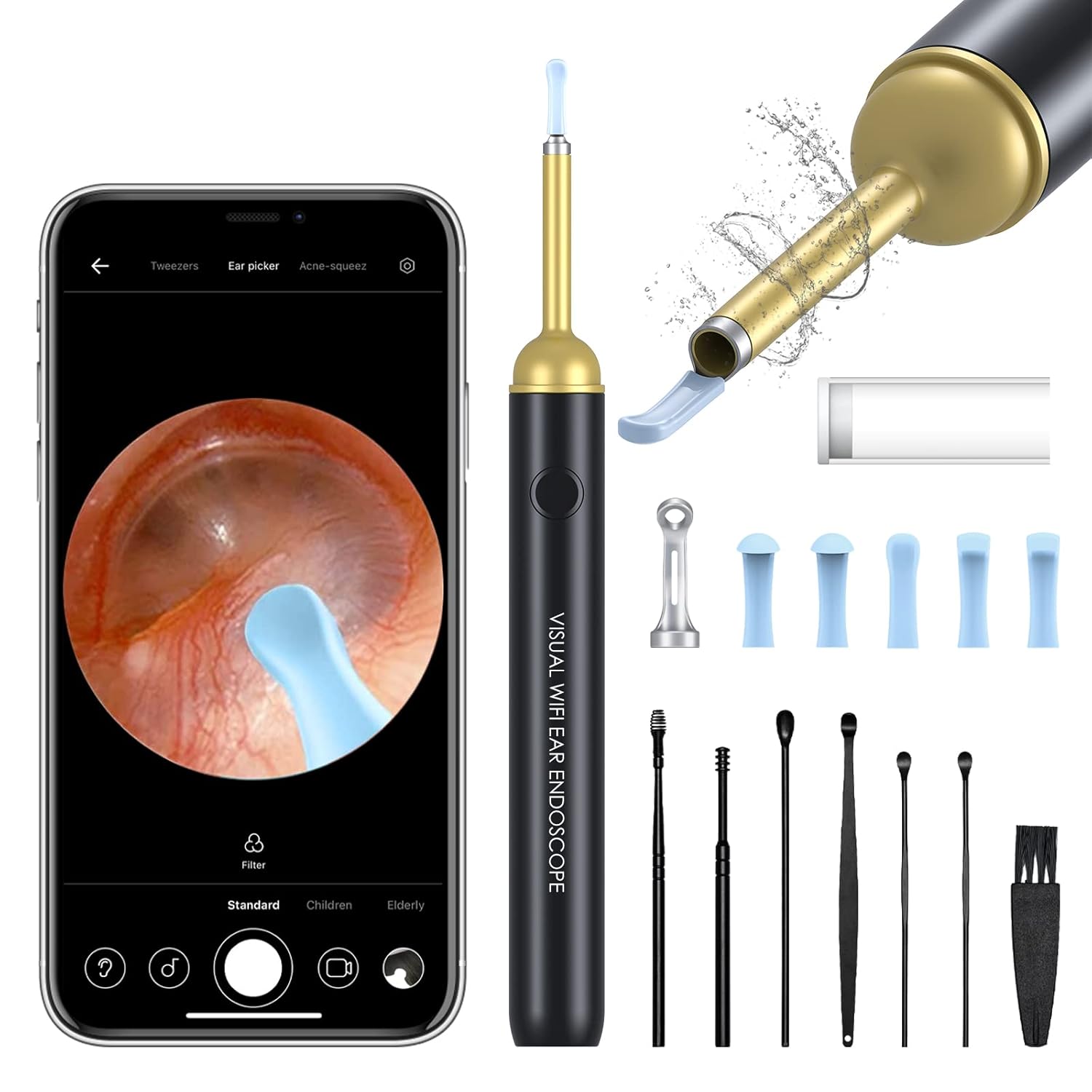 KAUGIC Otoscopio, Limpiador de Oídos Premium con Cámara con Giroscopio de 6 Ejes 350mAh Batería, Endoscopio Inalámbrico con 1080P 500W HD Impermeable, Kit de Limpiador de Oídos para iPhone, Android