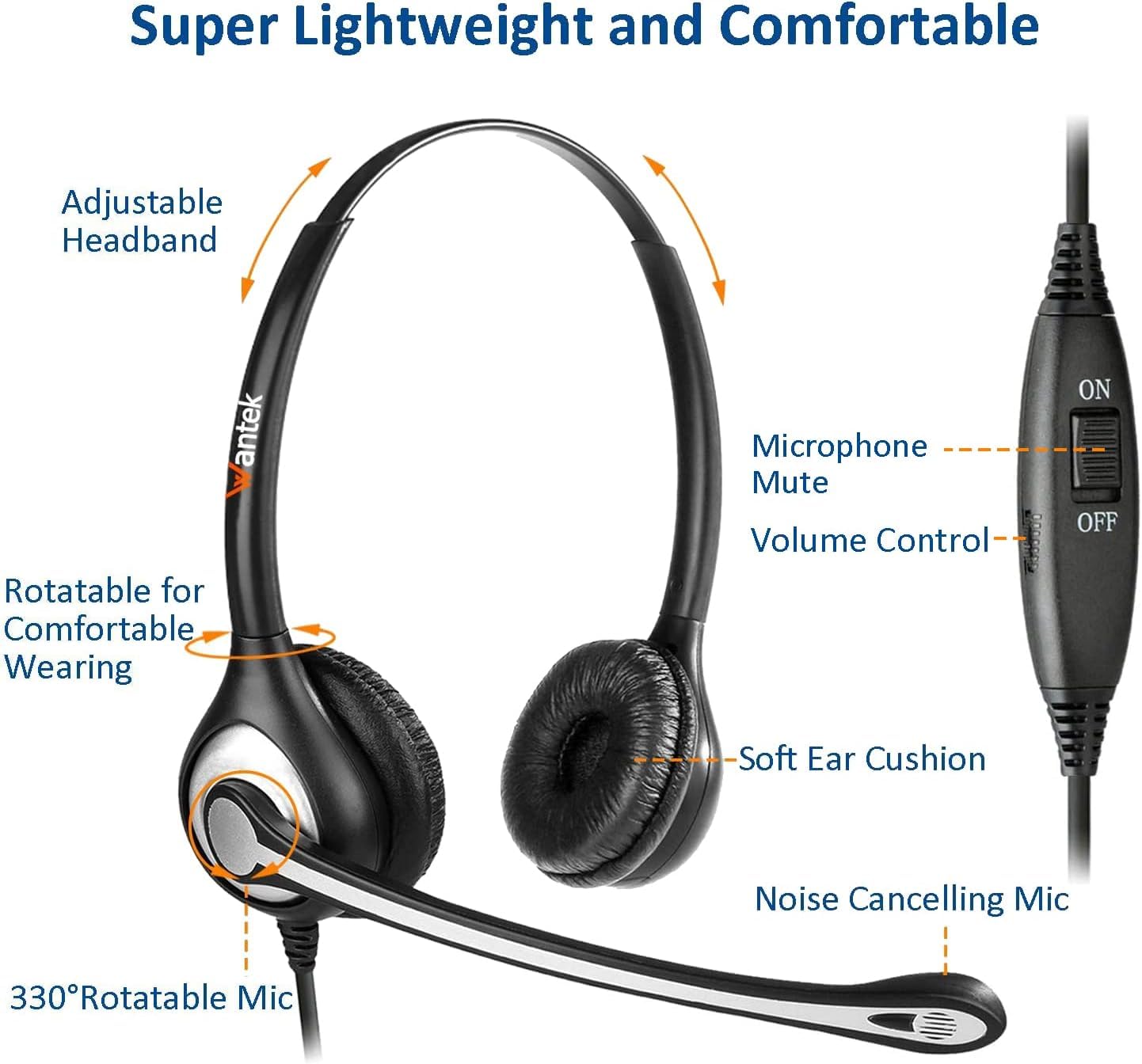 Wantek Casque de téléphone RJ9 compatible avec Yealink T19P, T21P, T23G, T41S, T42S, T46S, Avaya 1608, 9608, 9611G, Grandstream GXP1620, 1630, Snom, Panasonic