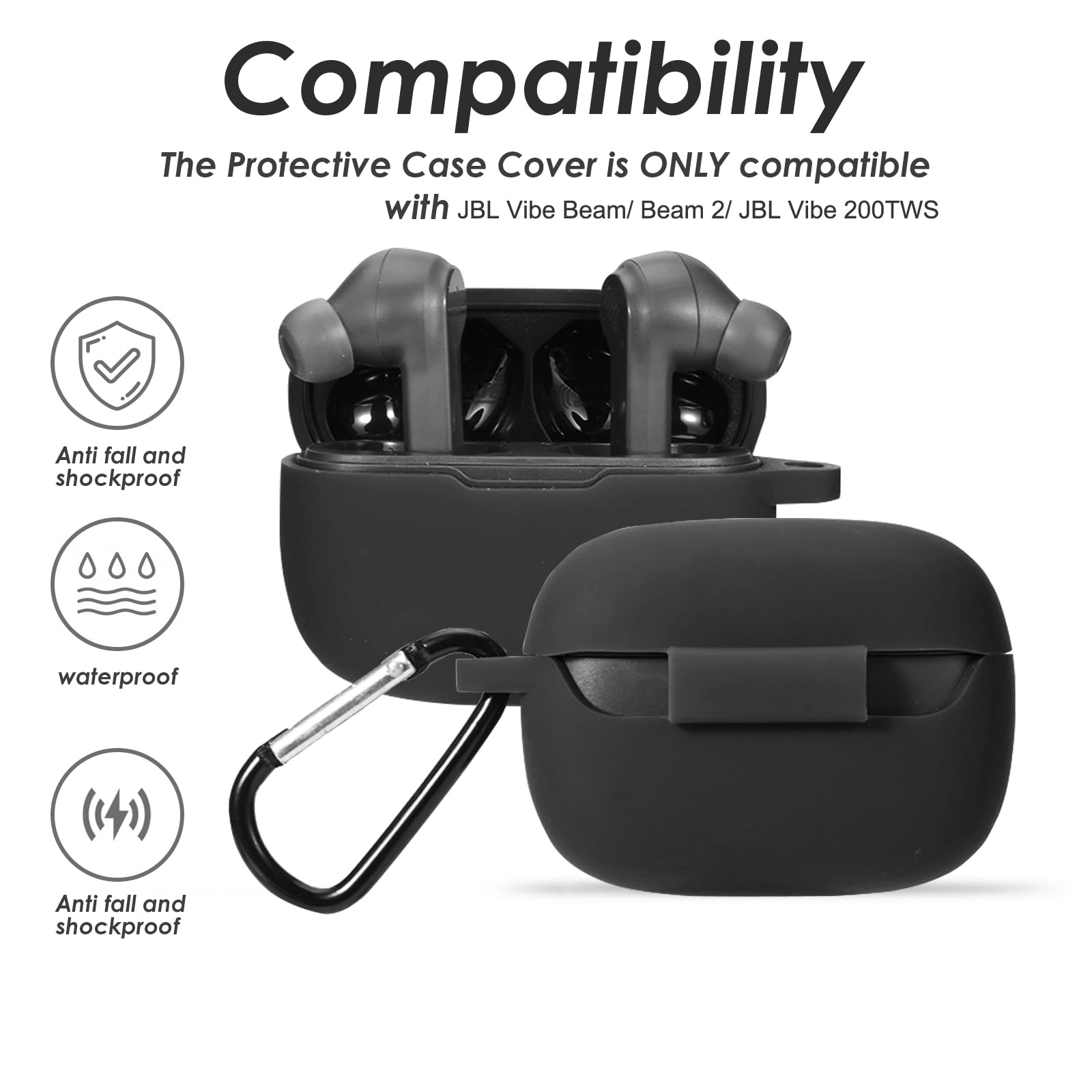 Silicone Case for JBL Vibe Beam 2025/Vibe Beam 2023/Vibe 200TWS True Wireless Headphones, Premium Shockproof Case Cover with Carabiner Compatible with JBL Vibe Beam/Vibe 200TWS.(Black)