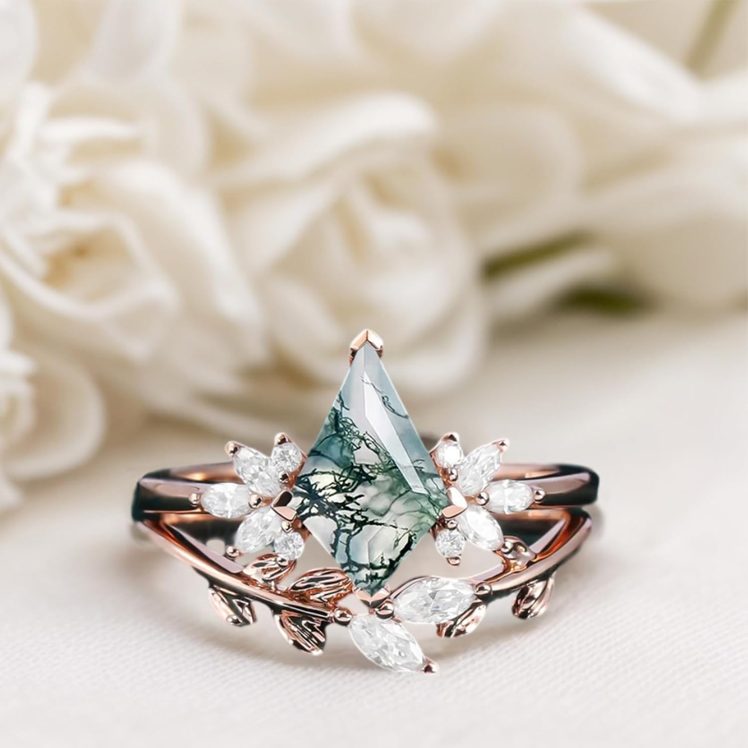 10K 14K 18K Rose Gold Natural Moss Agate Rings Set for Women Sterling Silver 2CT Kite Cut Moss Agate Engagement Ring Wedding Ring Set Size 4-12
