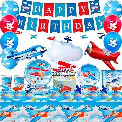 Flugzeug Deko,16 Gäste Geburtstagsdeko Junge Flugzeug Geburtstags Dekorationen Flugzeuge Papier Geschirrset Pappteller Tassen Banner etc Kindergeburtstag Deko