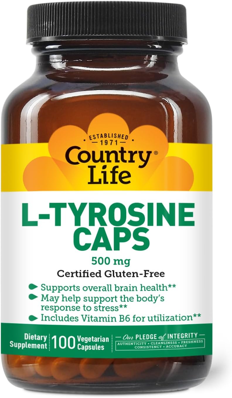 Country Life L-Tyrosine 500mg with Vitamin B6 Supplement – Certified Gluten-Free, Vegetarian, Kosher, Boosts Focus & Energy, Supports Brain Health, Enhances Mental Clarity, Non-GMO – 100 Capsules