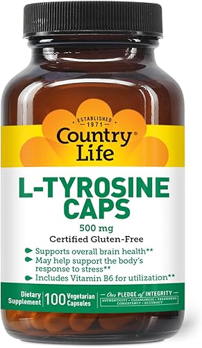 Country Life L-tirosina de 500 mg con suplemento de vitamina B6 – Certificado sin gluten, vegetariano, kosher, aumenta la concentración y la