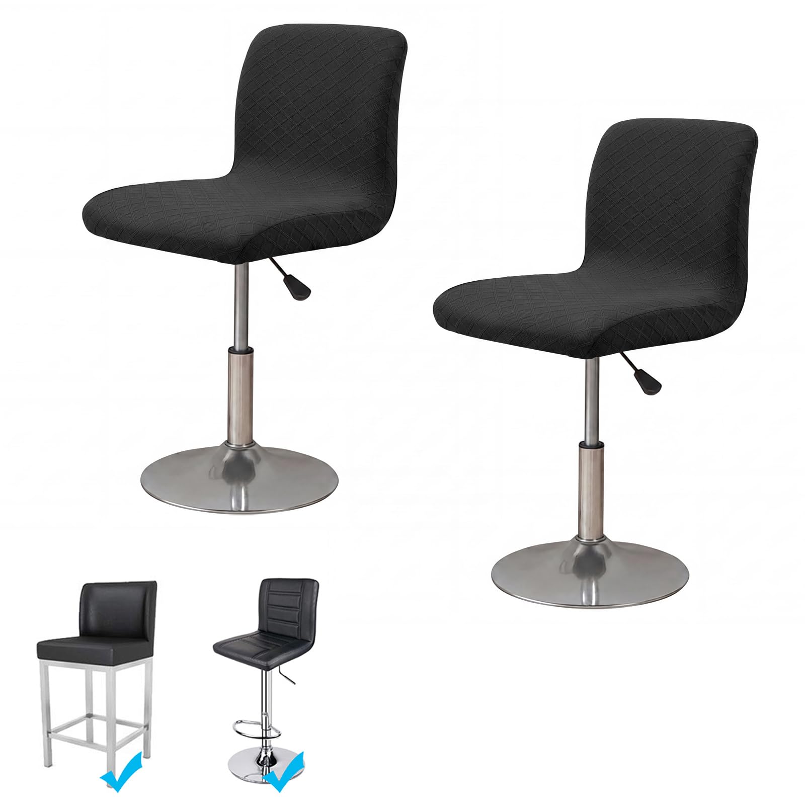 WOMACO Bar Stool Cover with Back Jacquard Fabric Dining Room Square Swivel Barstool Chair Seat Cushion Slipcover for Counter Height Mid Low Back Chair Protector (Black, 2PCS)