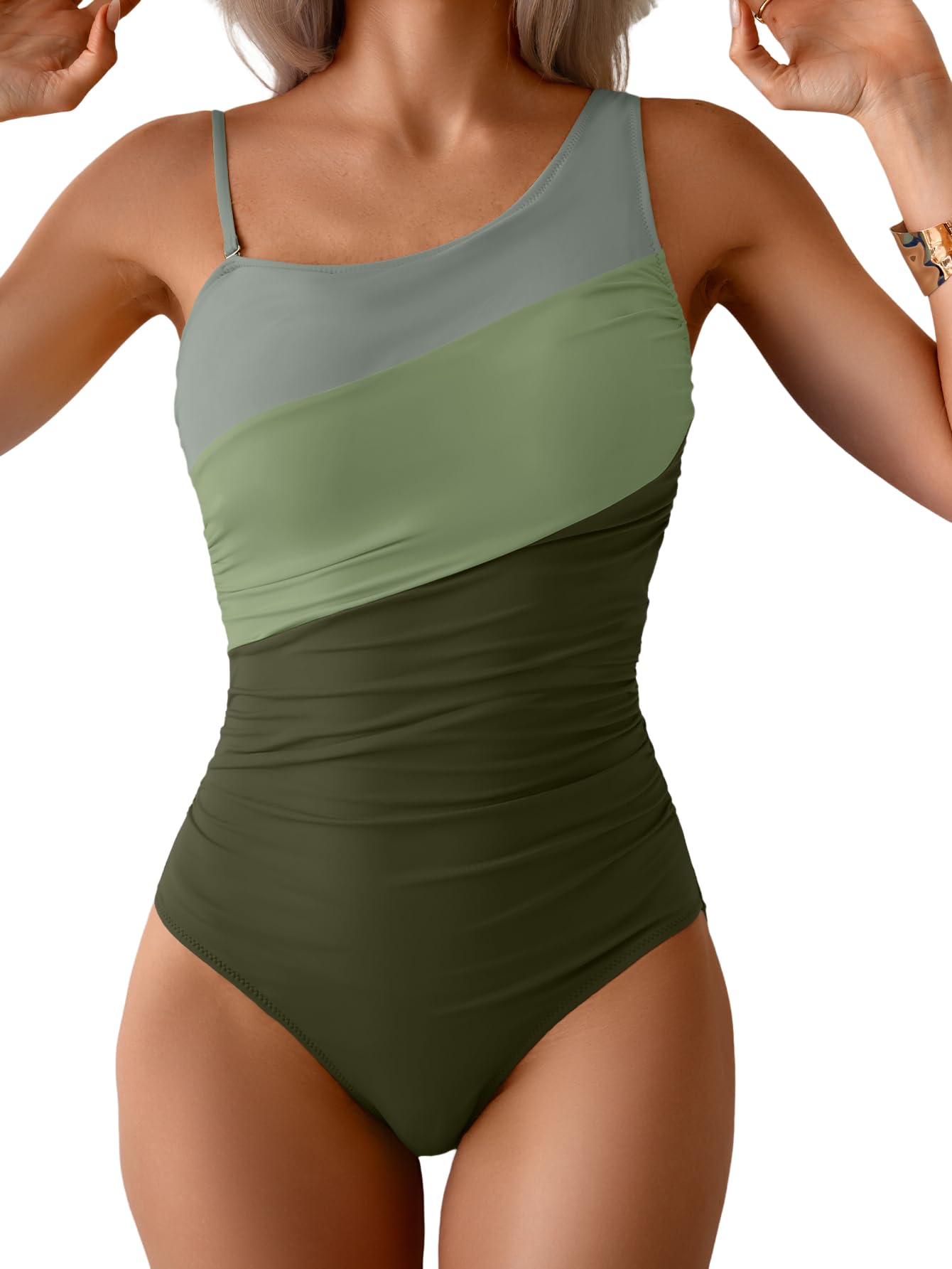 One Shoulder One Piece Swimsuit for Women Color Block Bathing Suit | Tummy Control, Ruched, Slimming, Removable Strap