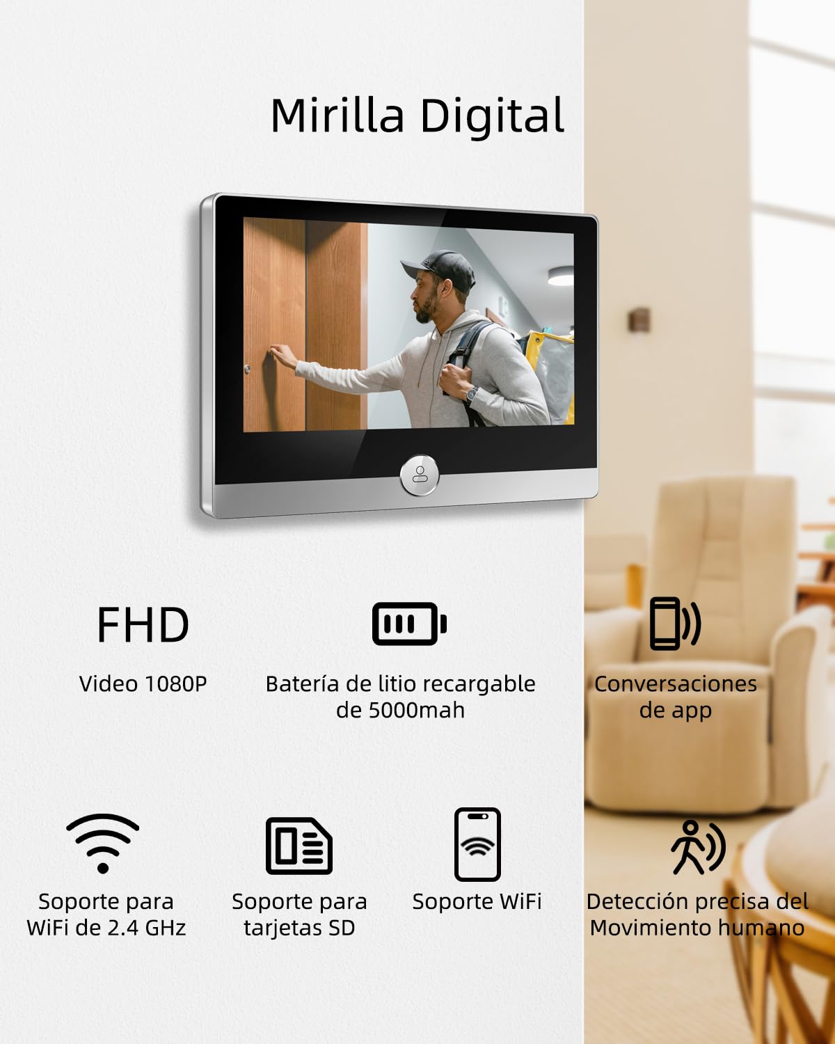 JeaTone Mirilla Digital Puerta Wifi,Mirilla Puerta con Batería Recargable 5000mAh,Mirilla Digital con 1080P Camara Puerta Mirilla,PIR Detección de Movimiento,Audio Bidireccional,Ángulo de Visión 158°
