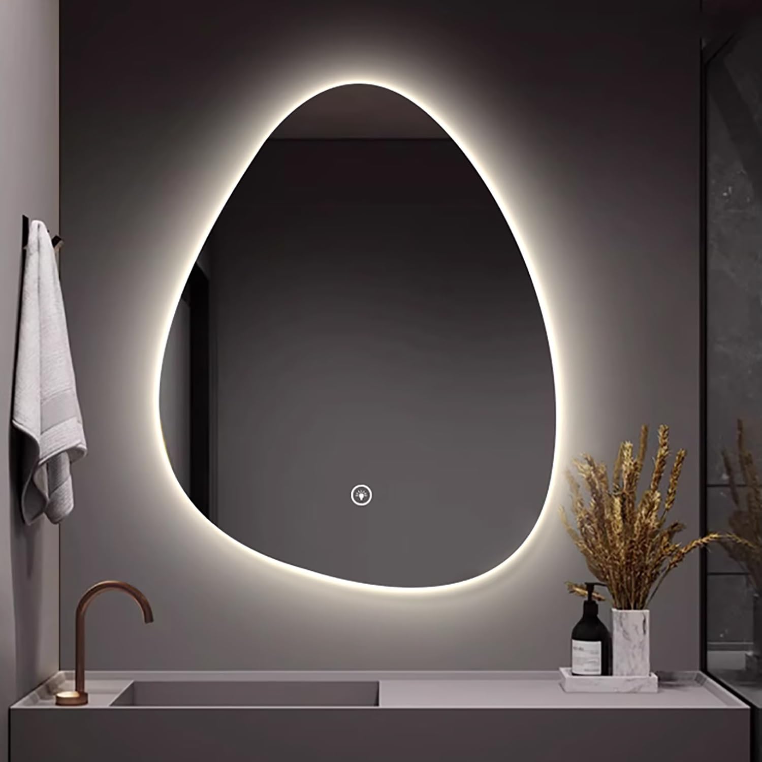 Asymmetrischer Dekospiegel 100cm, Beschlagfrei Rahmenloser Wandspiegel 90cm, Unregelmäßiger Modern 3 Lichtfarben Schminkspiegel mit Touchschalter(48 * 30inch)