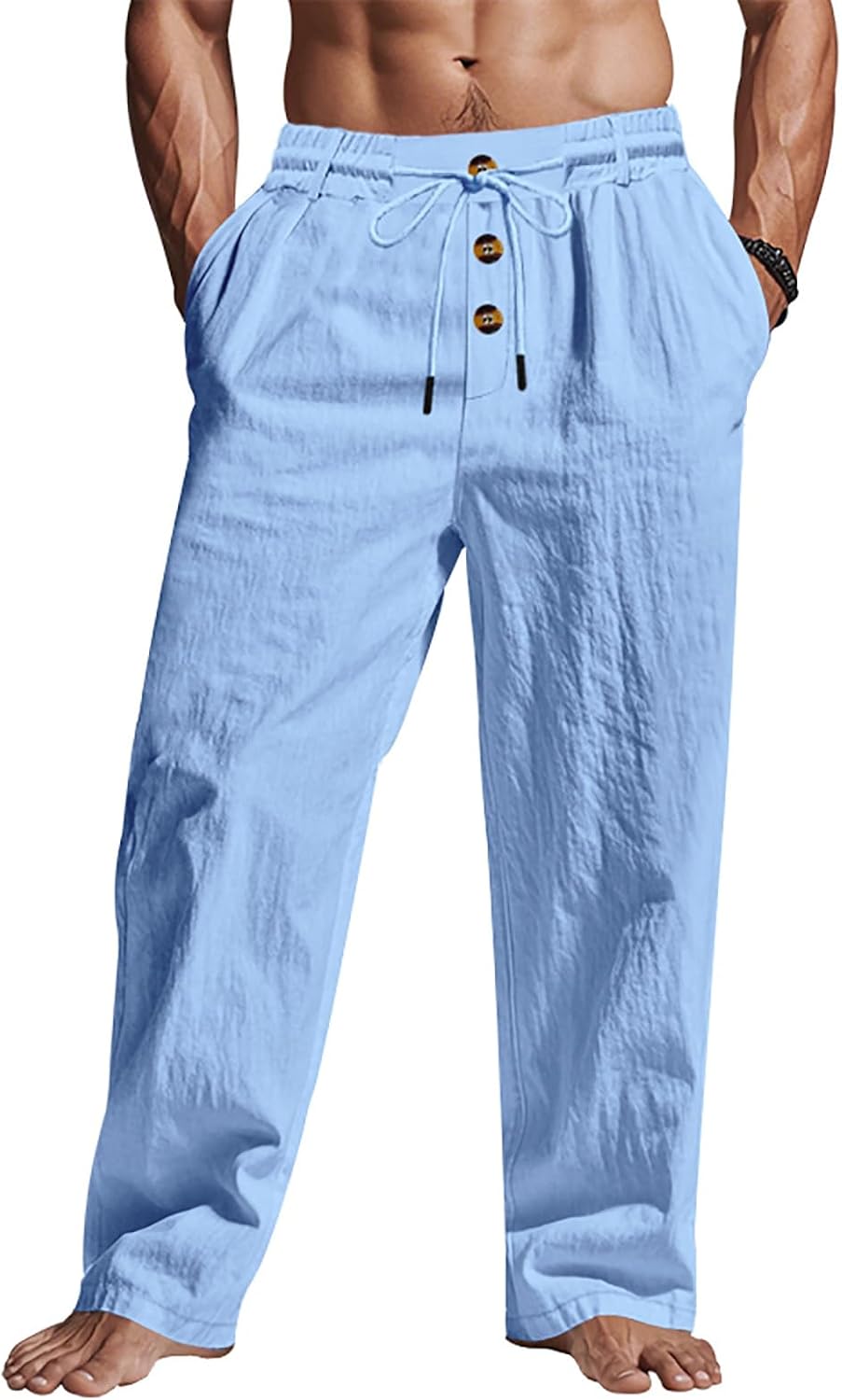 Men's Linen Pants Lightweight Drawstring Elastic Waist Pockets Loose Fit Straight L...