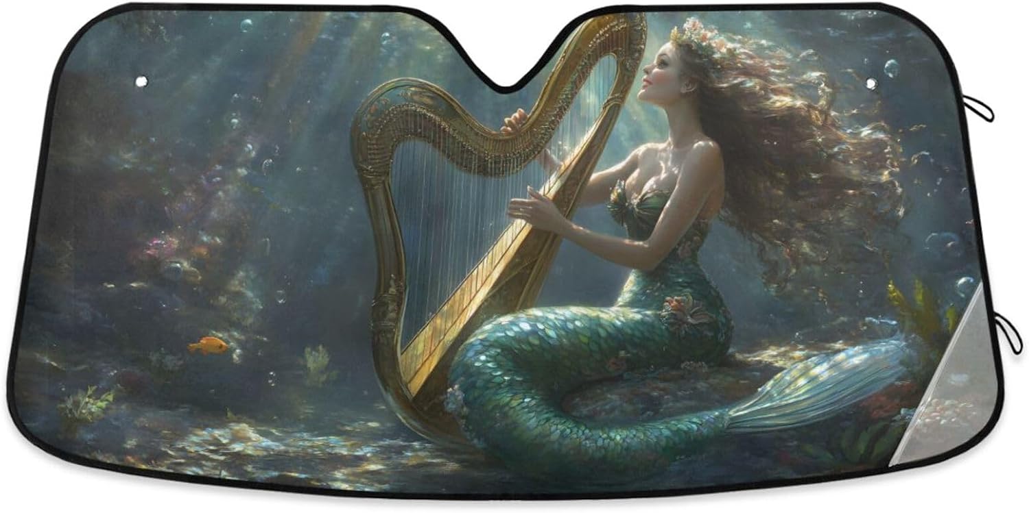 Windshield Sun Shade Music Mermaid Print for Car, Aluminum foil Layer Reflective Sun Visor for SUV Sedan Large Size