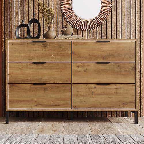 ZYLOYAL10 Commode, buffet à 6 tiroirs, en chêne foncé, étagère réglable, buffet haut pour chambre à coucher et tous les espaces de vie (120 x 40 x 83 cm)