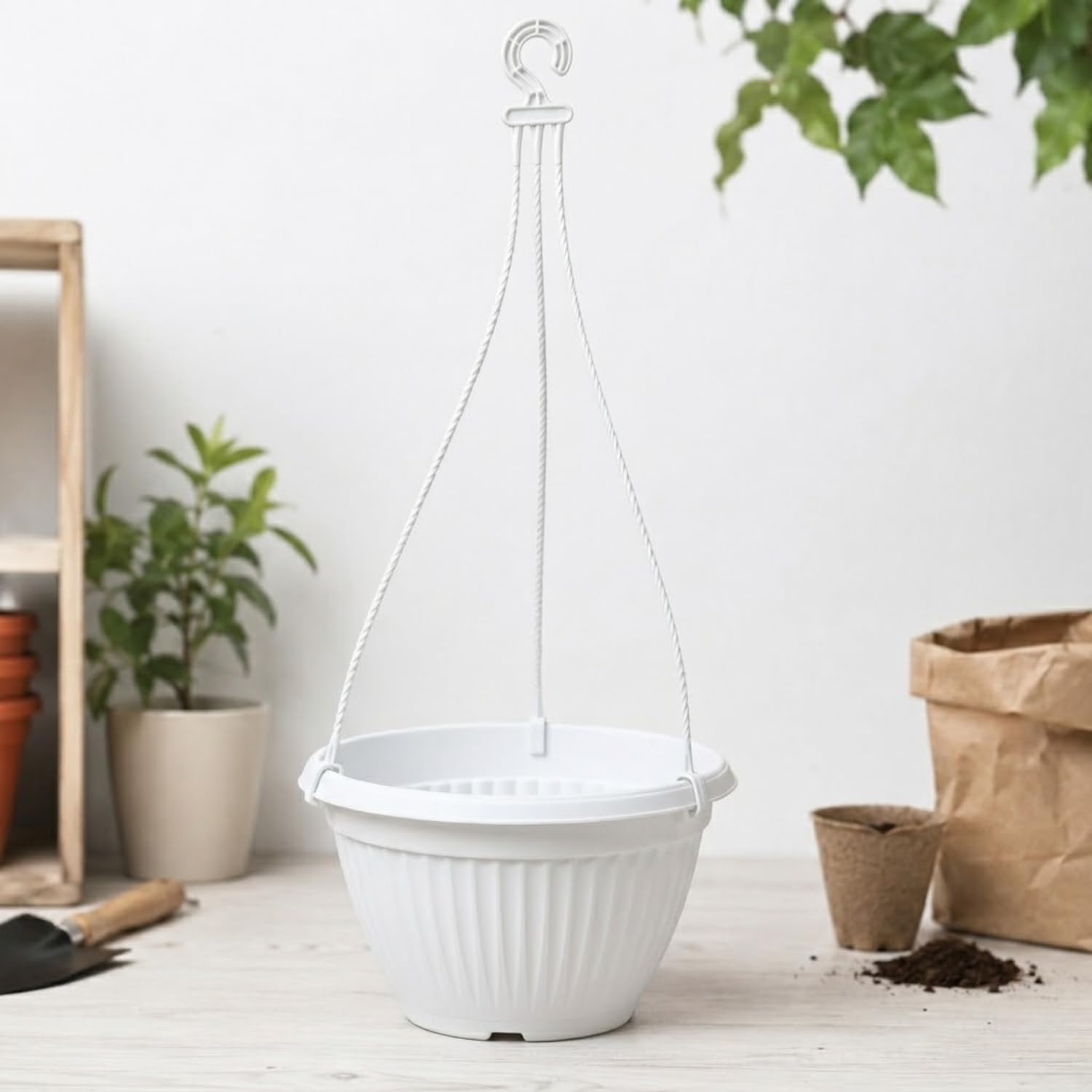 Bello HB 16cm Hanging Round Plastic Pot | Hanging Basket Planter for Balcony, Garden & Home Décor (6INCH|16CM) (White)-picture-10