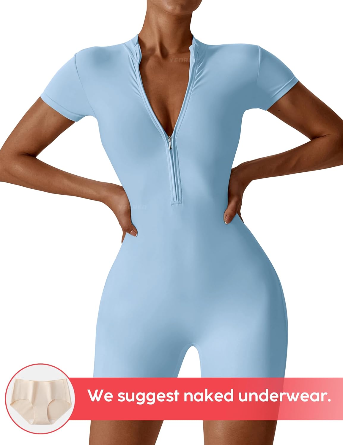 YEOREO Women Short Sleeve Workout Jumpsuit Zip Up Romper Bottom Shorts Bodysuit Bodycon Sexy One Piece - Image 2