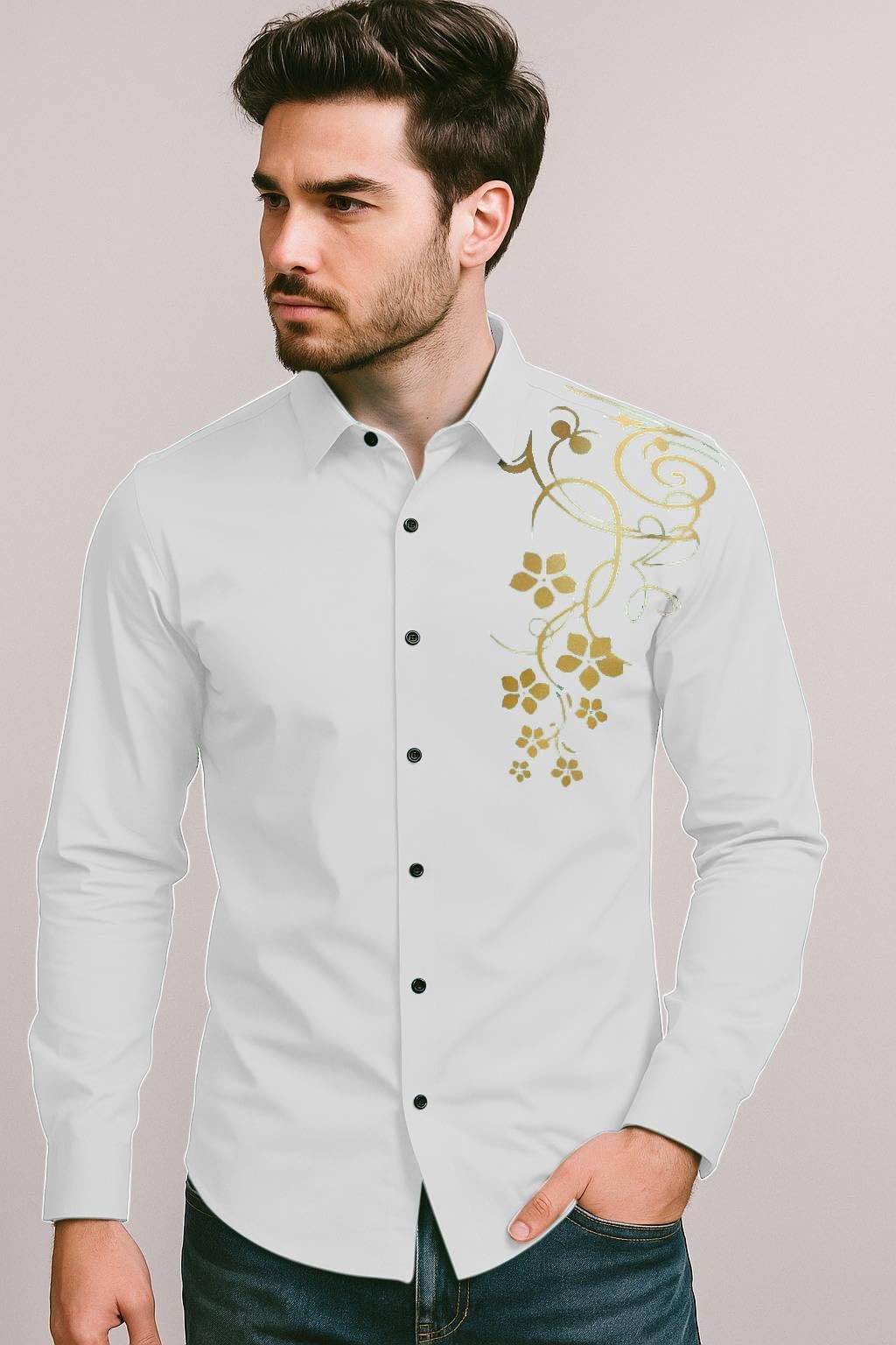 Camicia casual da uomo in cotone tinta unita, vestibilità regolare, a maniche lunghe, con colletto e collo alla moda, formale