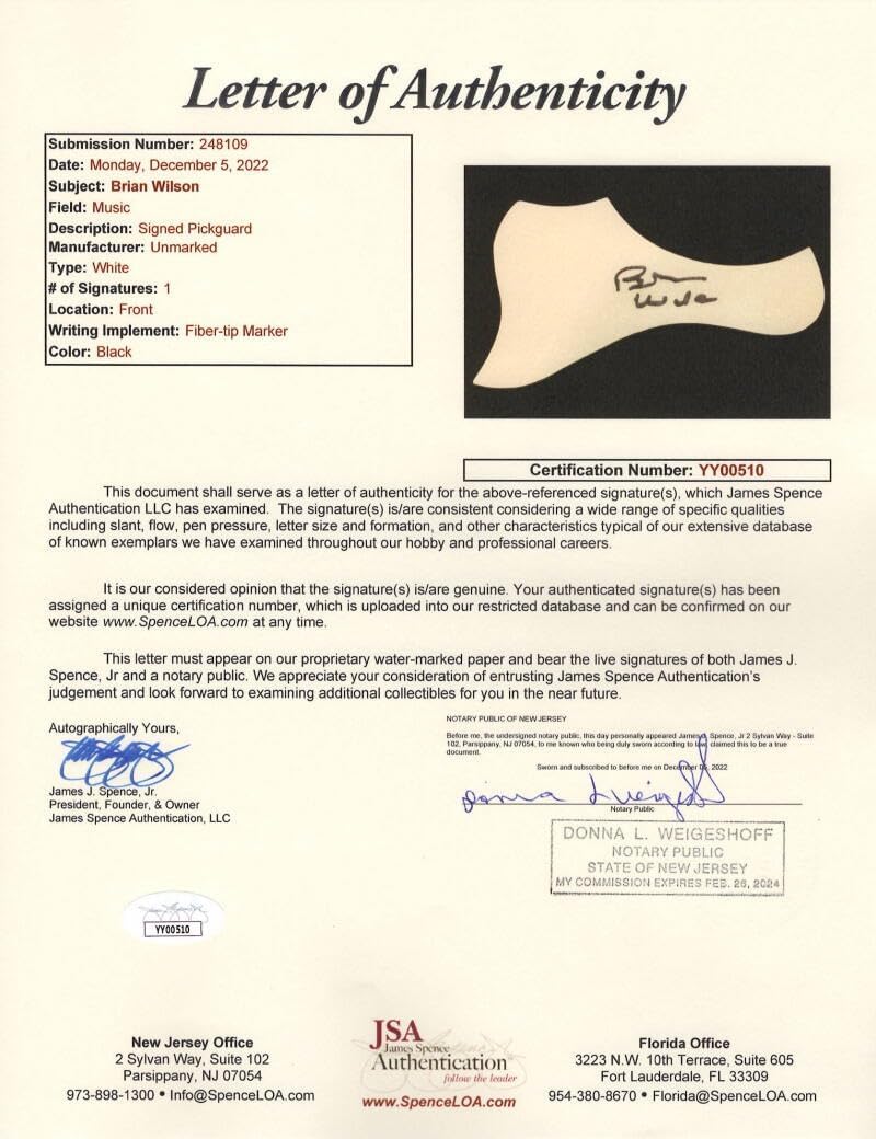 Brian Wilson Signed Autograph Full Size Fender Acoustic Guitar B with James Spence Authentication JSA COA - The Beach Boys with Mike Love and Al Jardine - Surfin' Safari Surfin' U.S.A. Surfer Girl Little Deuce Coupe Shut Down Volume 2 All Summer Long The Beach Boys' Christmas Album The Beach Boys Today Summer Days (And Summer Nights) Beach Boys' Party Pet Sounds Smiley Smile Wild Honey Friends 20/20 Sunflower Surfer's Up