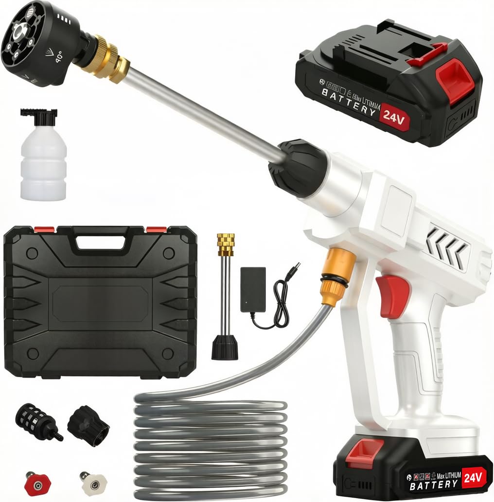 Hidrolimpiadora de Alta Presión Inalámbrica, Hidrolimpiadora Portátil, Pistola de Agua a Presión, Boquilla 6 en 1, 2 Baterías, Manguera de 5m, Ideal para Coches, Ventanas, Jardines y Piscinas