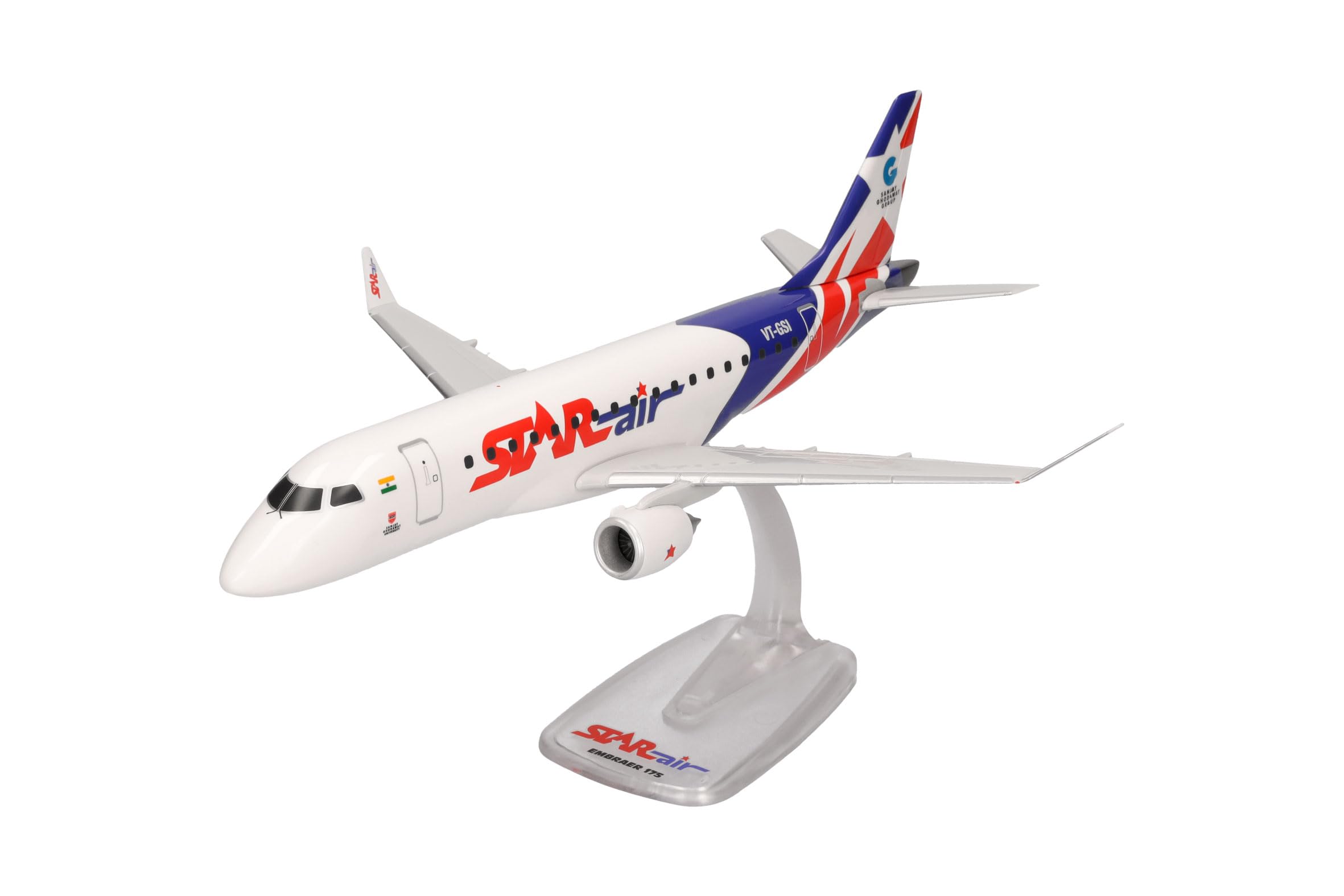 Snap-Fit Model Aircraft Star Air Embraer E175, miniature in 1:100 scale, collector's item, model with stand, plastic