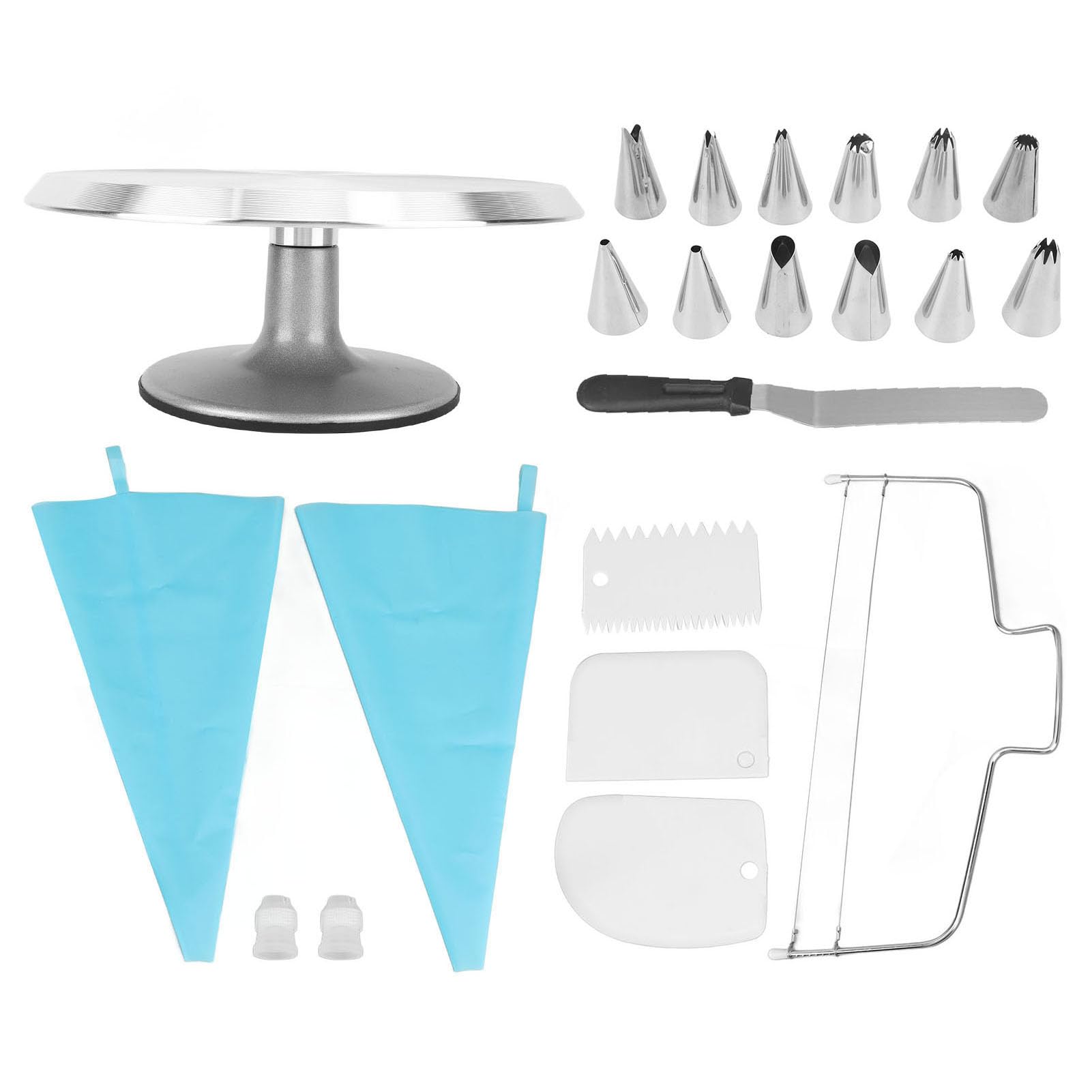 AMONIDA Kit de Decoración de Pasteles de 22 Piezas con Plato Giratorio de Aleación de Aluminio de 12 Pulgadas Ideal para Panaderos Profesionales y Domésticos Incluye Herramientas Esenciales para