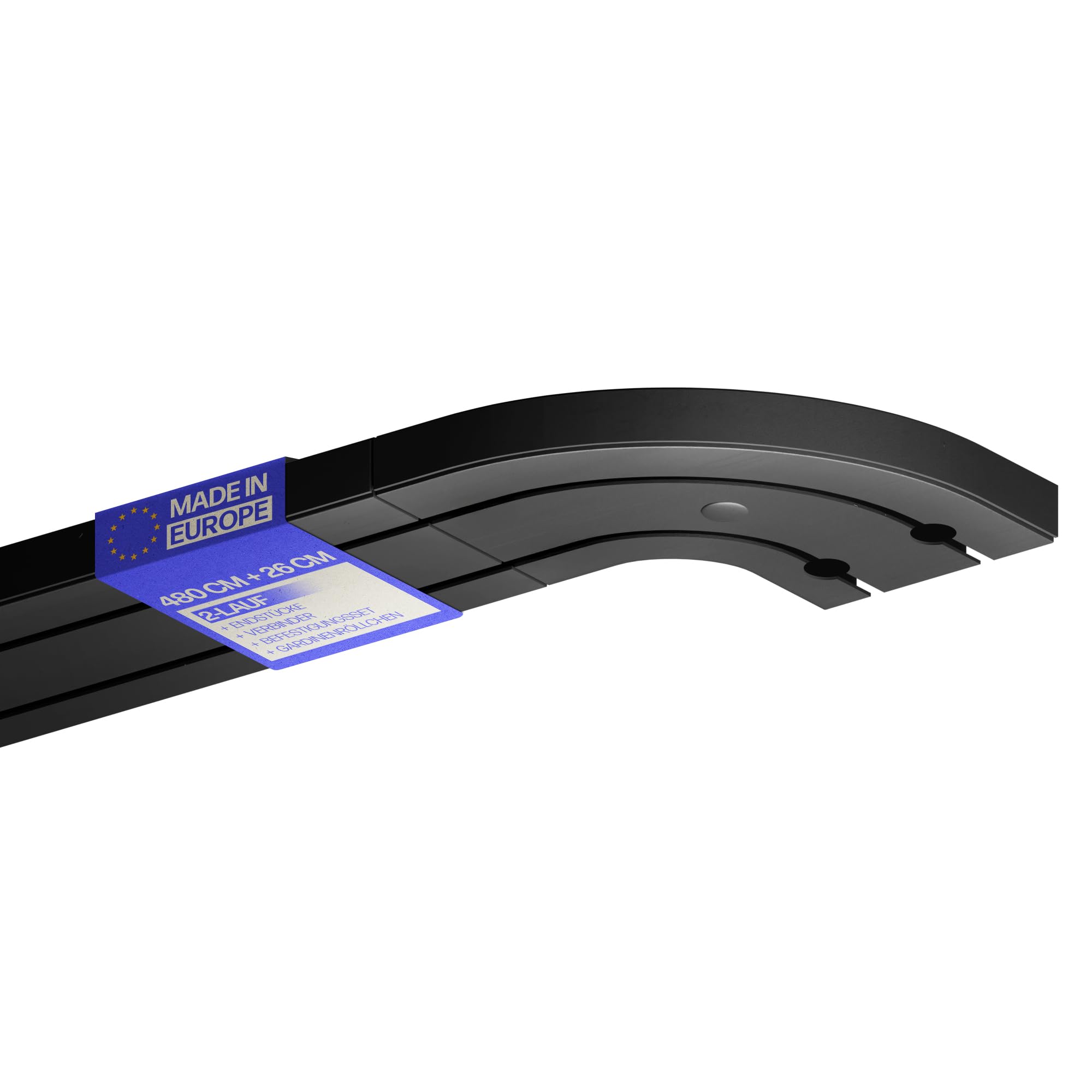 Bestlivings Binario per tende nero (480 cm/2 corsi) con set di 2 archi rotondi, set completo con accessori (set di fissaggio, coperchio laterale, rullo per tenda)