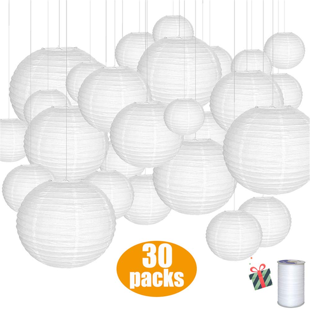 30pcs Chinese Round Paper Lanterns, Morbuy Assorted Sizes Lamp Shades Garland for Christmas Festival Wedding Birthday Party Indoor Outdoor Decorative (30 Pieces,White)