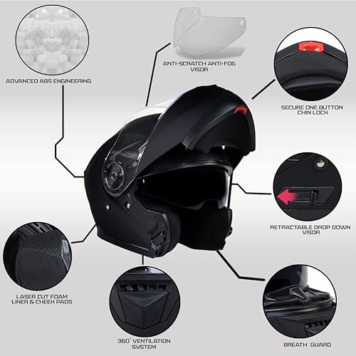 Miniatura 2 de Milwaukee Helmets MPH9814DOT 'Breeze' - Casco modular de motocicleta avanzado negro plano para hombres y mujeres con visera desplegable, mediano