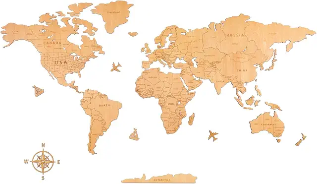 Carte du Monde Murale en Bois Naturel Gravée - Décoration Murale Salon Chambre 100x57cm