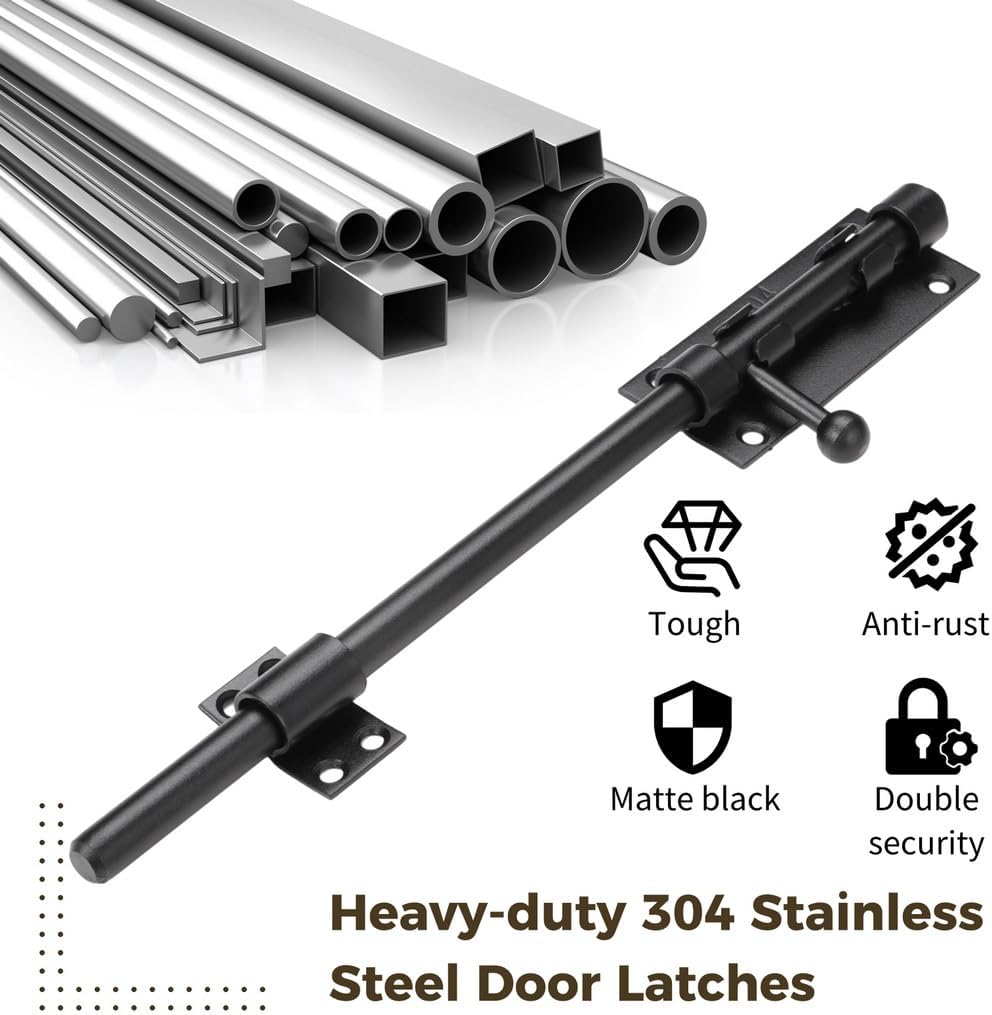 2-Pack Heavy-Duty 304 Stainless Steel Slide Bolt Latches, Matte Black Barrel Lock with Padlock Hole for Gates, Fences, Barns