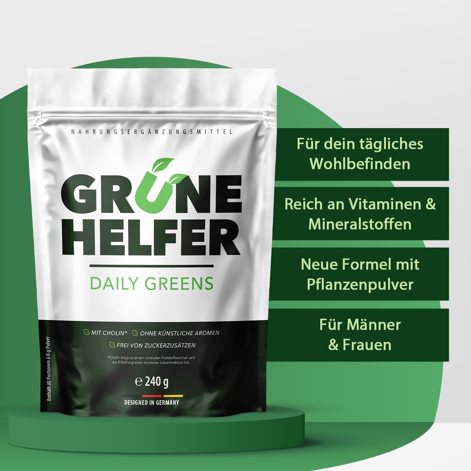 Grüne Helfer Pulver | mit Pflanzenstoffen und Cholin | natürliches Pflanzenpulver | 240 g Inhalt