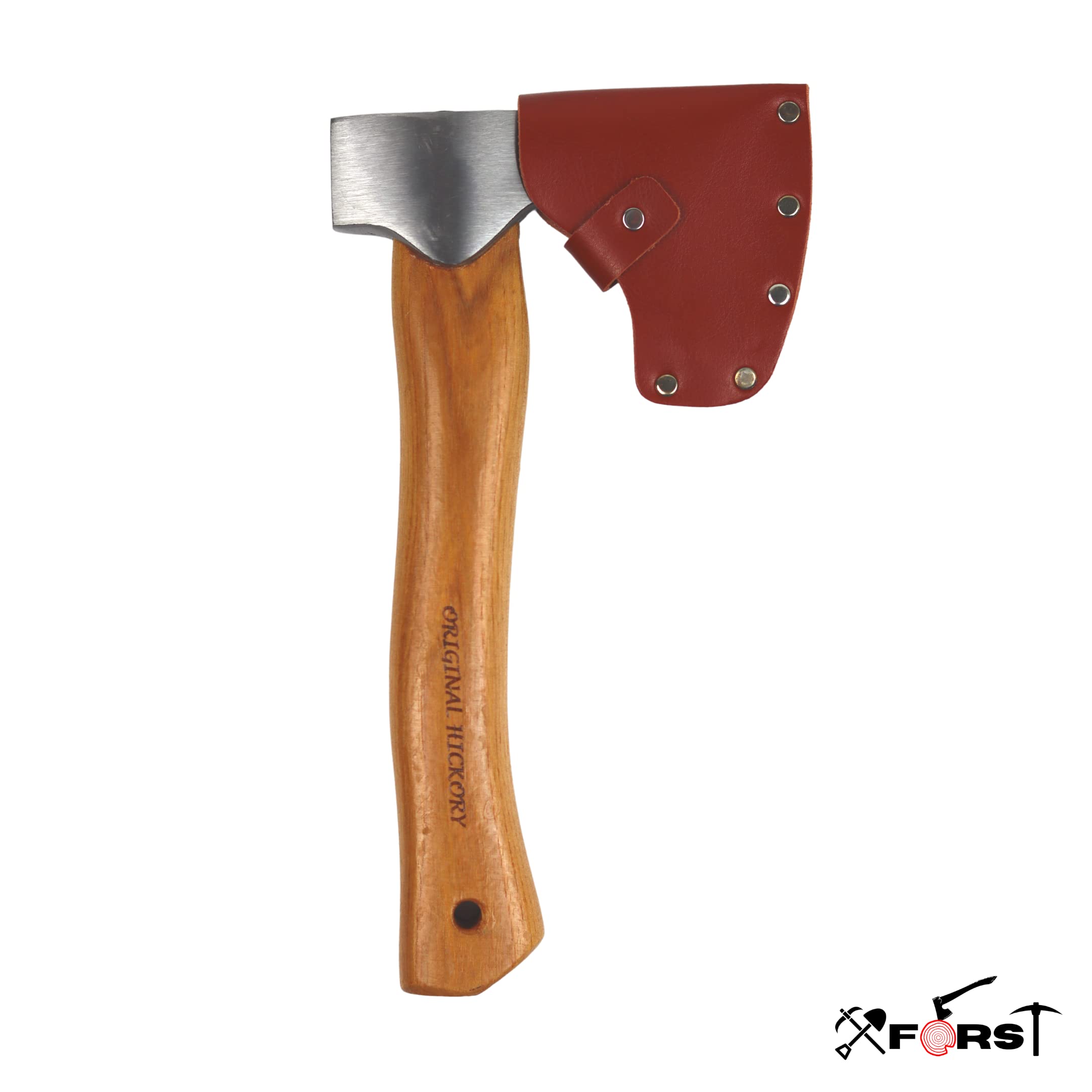 Xforst Beil, Axt, Handbeil, aus geschmiedetem Kohlenstoffstahl. Trekkingbeil aus Hickory Holz Stiel mit Schneidenschutz aus echtem Leder. Wikinger Axt. 27 cm / 0,67kg. Modell X-AG1.
