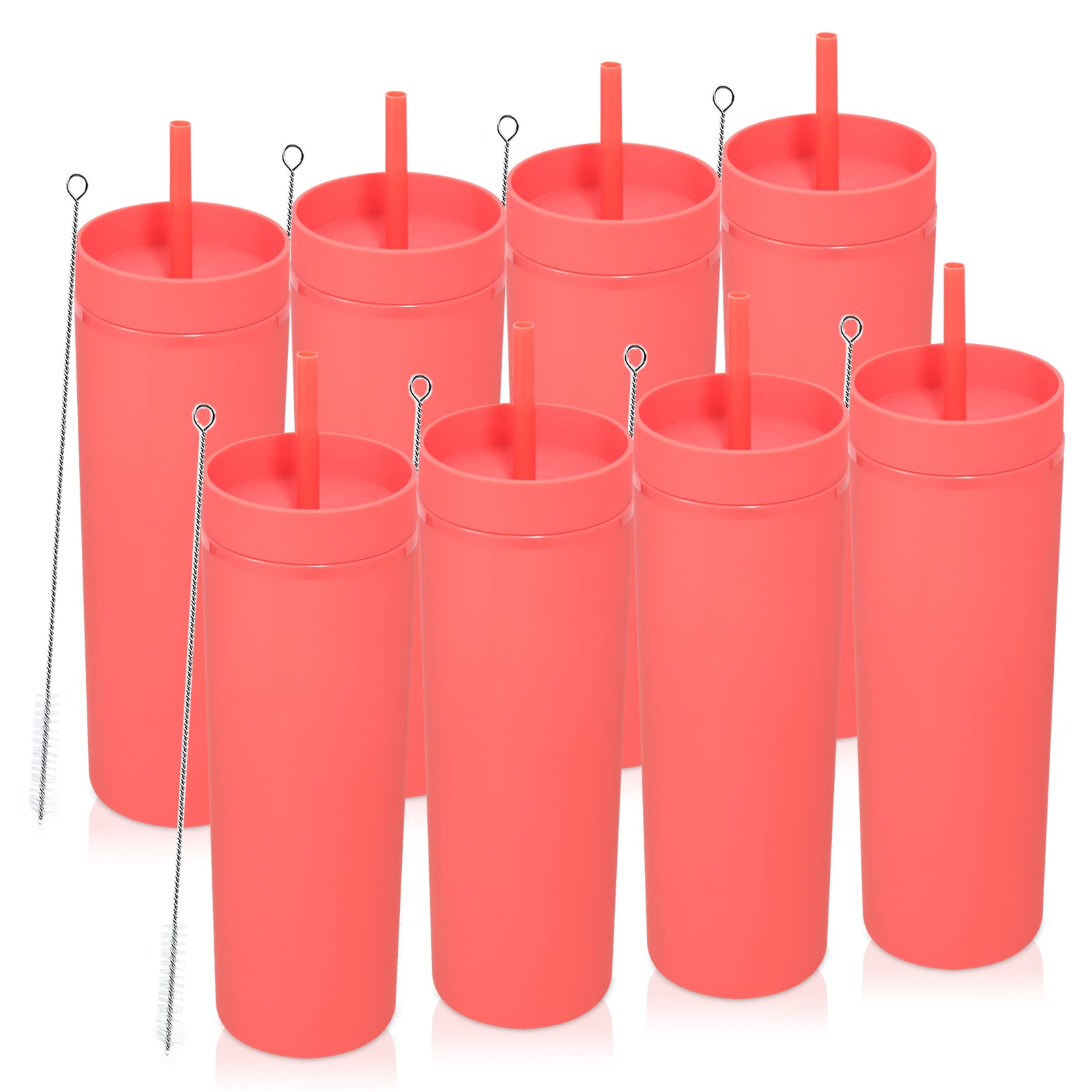Volhoply 550ML Tumbler with Lid and Straw 8 Pack,Double Wall Plastic Skinny Tumblers Bulk,BPA Free Matte Acrylic Water Cups for Parties(Red, 8 Set)