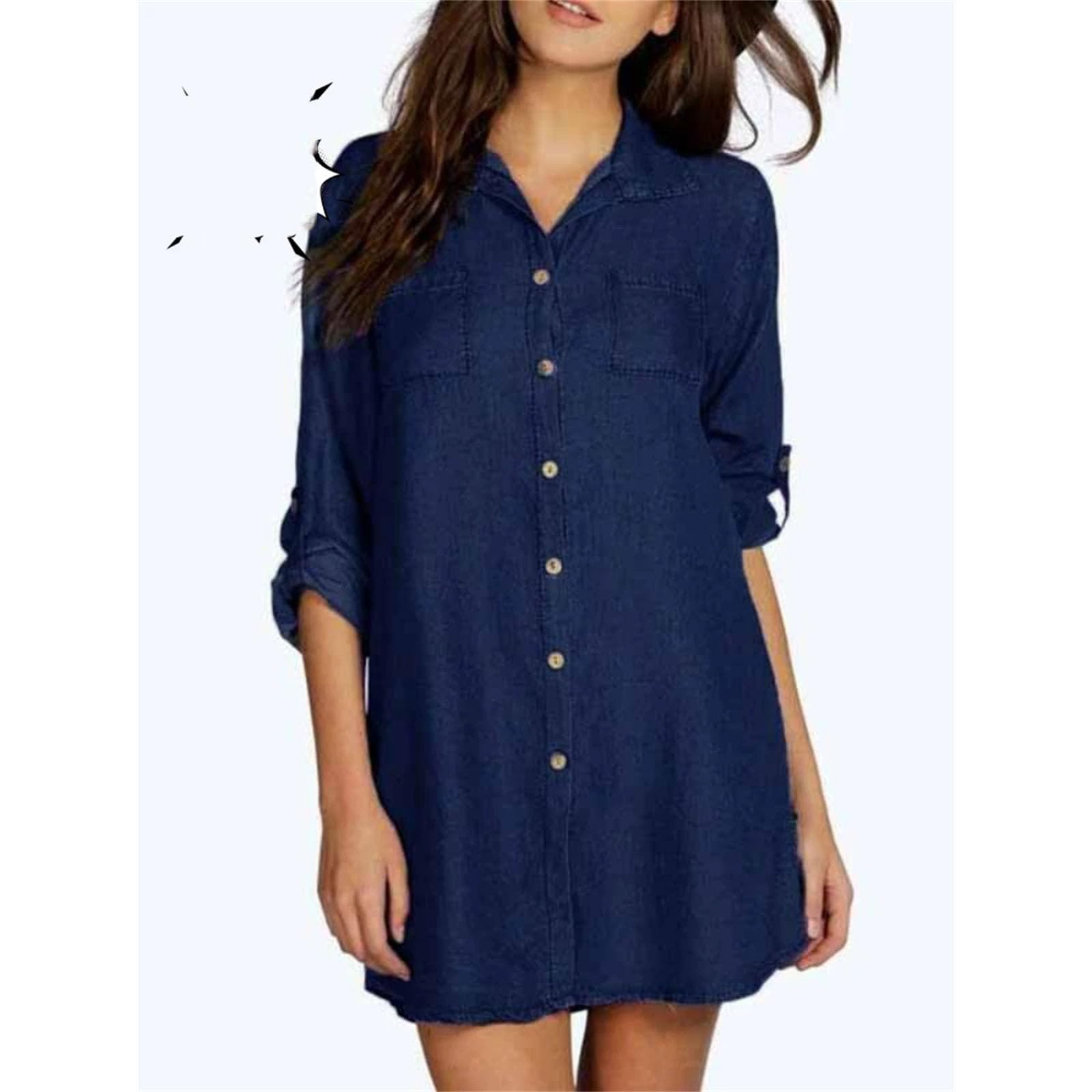 Camisa de mezclilla con solapa para mujer, media manga, botonadura simple, camisa delgada a la moda