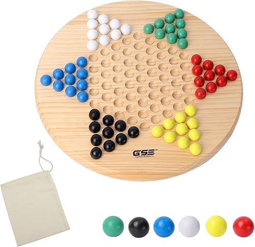 GSE Games & Sports Expert Juego de mesa de damas chinas de madera natural de 11.5 pulgadas con 66 canicas de madera coloridas, juego de mesa