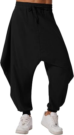 ODIZLI Men Leggings Retro Casual Fashion Design Loose Baggy Harem Pants with Pockets Trousers