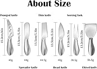 Vista 5 de JASHII Juego de 6 cuchillos de queso de acero inoxidable 304 de plata mate para rebanar, cortar y untar, mini tenedores de queso, cuchillos