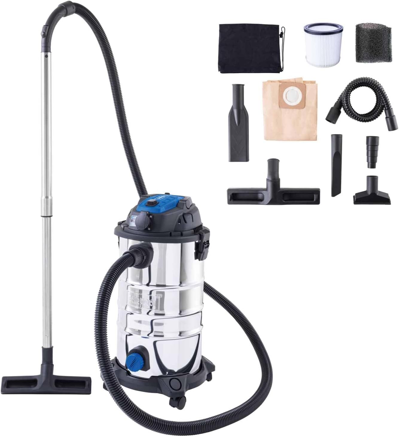 Scheppach VC30 Premium ıslak/kuru elektrikli süpürge, 30 l paslanmaz çelik hazne ve aksesuar, 1200 W güç, 20 kPa emiş gücü, teleskopik boru, alet prizi ve hızlı kilit, 6 m kablo, 3 m hortum