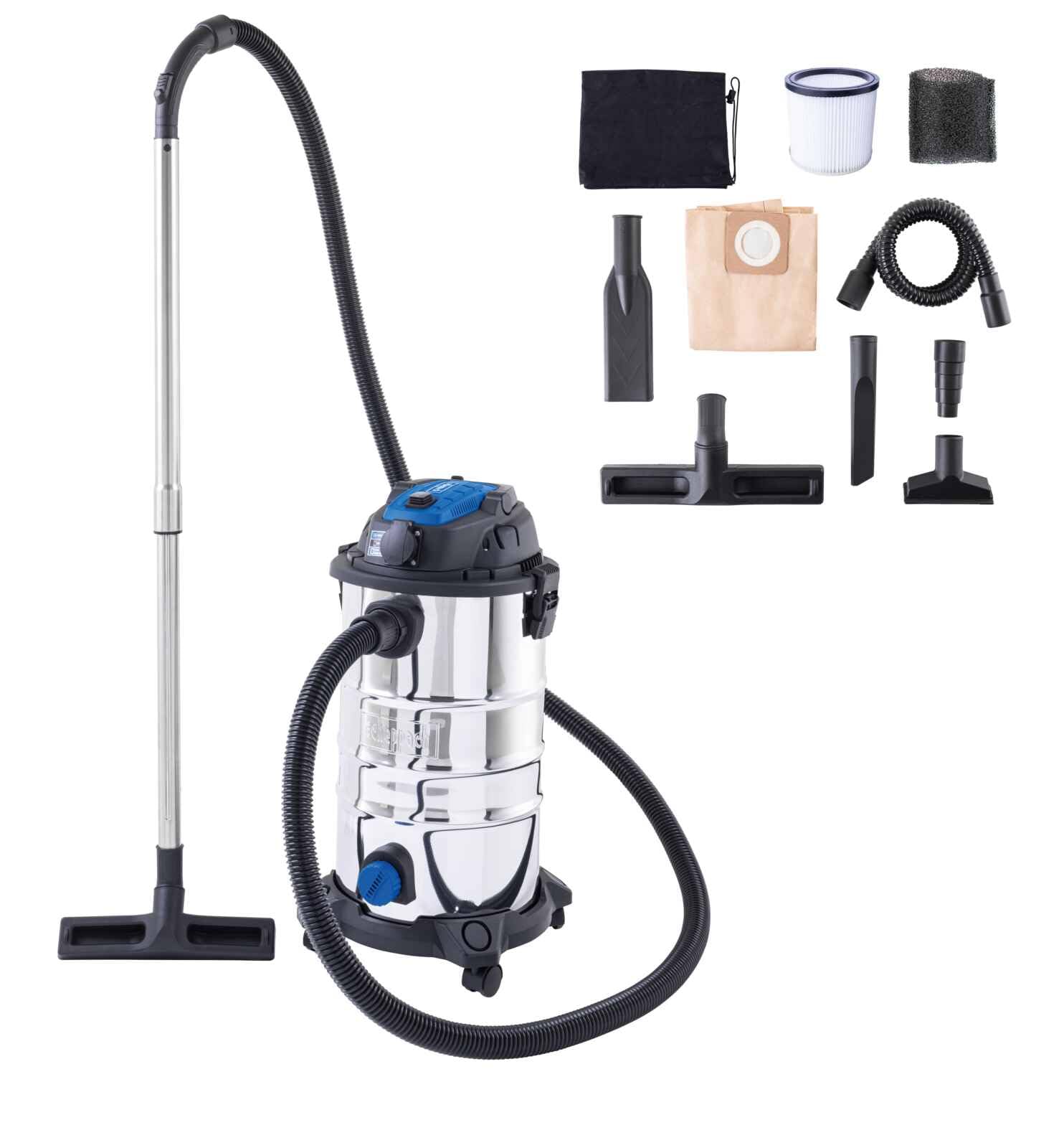 Scheppach VC30 Premium odkurzacz na mokro i sucho, pojemnik ze stali nierdzewnej 30 l i akcesoria, moc 1200 W, moc ssania 20 kPa, rura teleskopowa, gniazdko narzędziowe oraz szybkie zapięcie, kabel 6