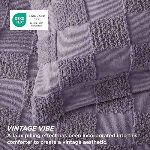 Image of Bedsure King Size Comforter Set Grayish Purple, Boho Tufted Bed Set, Checkered Farmhouse-Style Distressed Vintage Bedding, 3 Pieces, 1 Plaid Geometric Comforter and 2 Pillow Shams