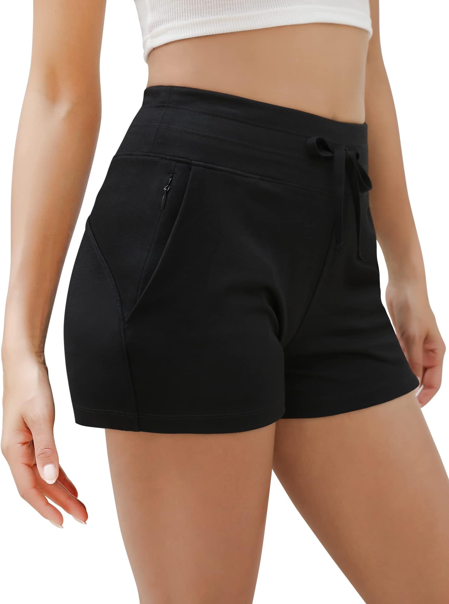 LA MIURA Athletic Shorts for Women Casual Summer,Sweat Shorts Women with Hidden Zipper Pocket,Adjustable Drawstring, Black, Medium