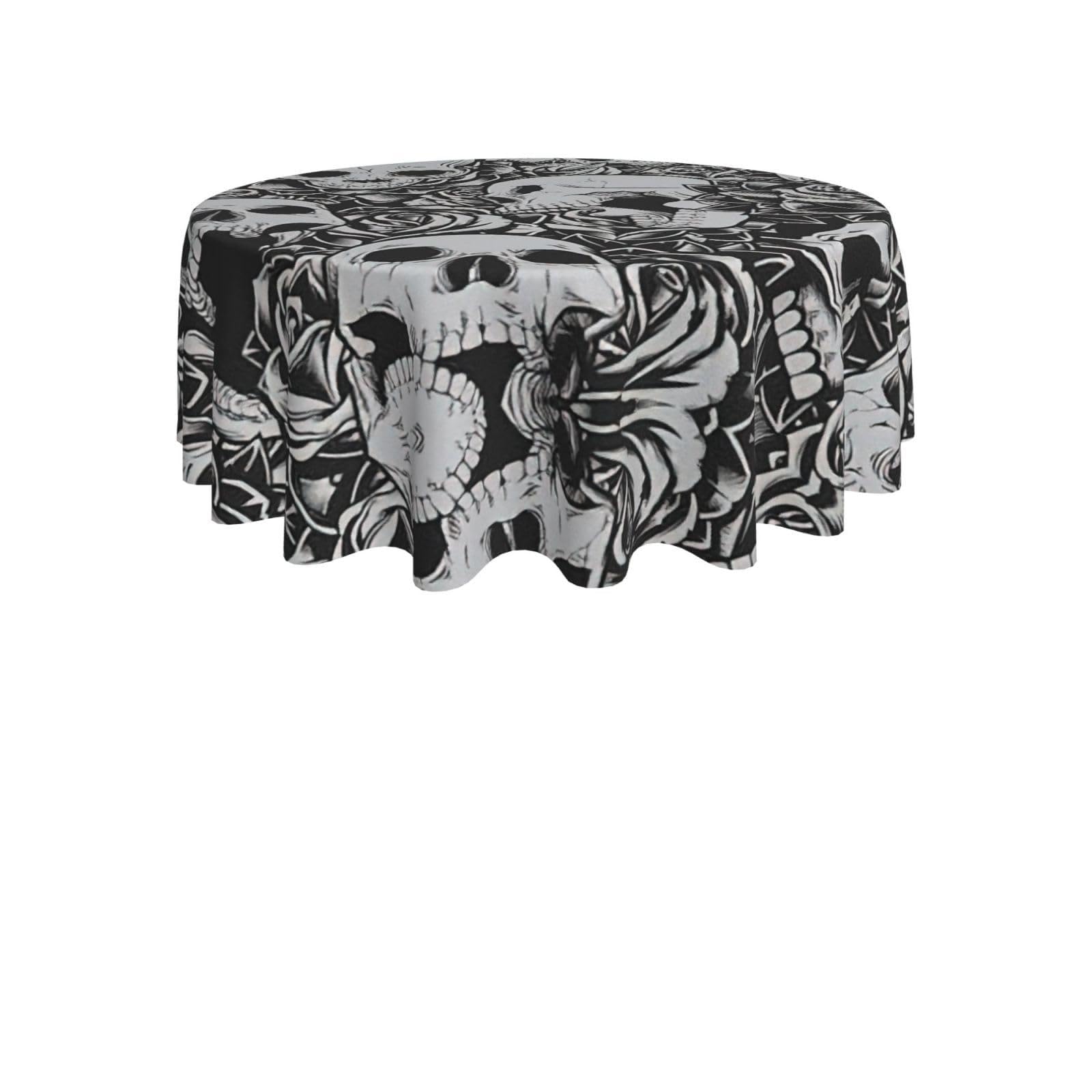 ENGhjes Horrible Dark Skulls Flowers Pattern Print Round Tablecloth 60in Washable Stainproof Polyester Cloth for Kitchen Idea