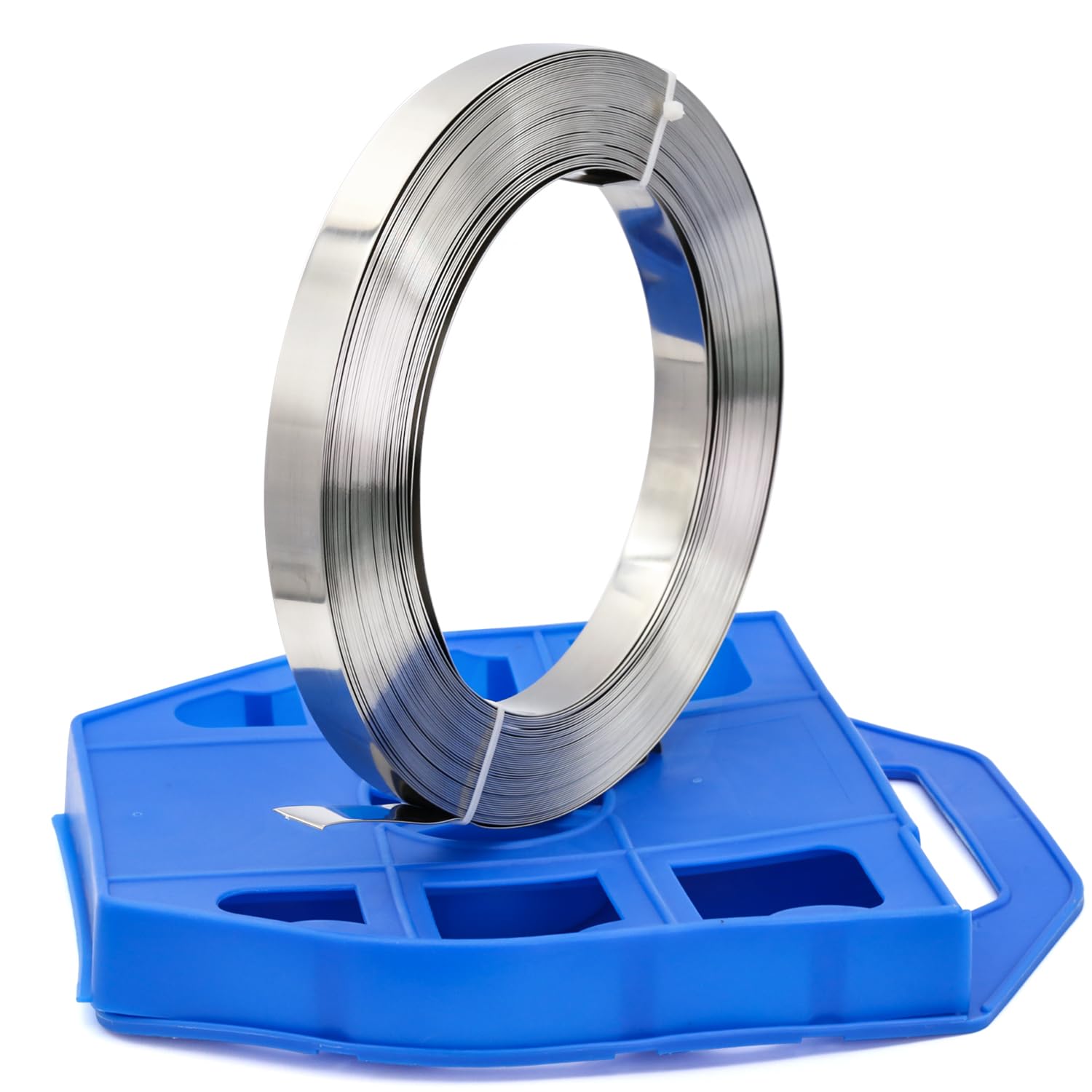 Feuillard Acier en Rouleau - 16 * 0.5 mm x 30 m - Dévidoir Bleu, 20 x Chapes en Inox Pour Feuillard, Kit de Cerclage en Acier Manuel Pour des Charges Lourdes