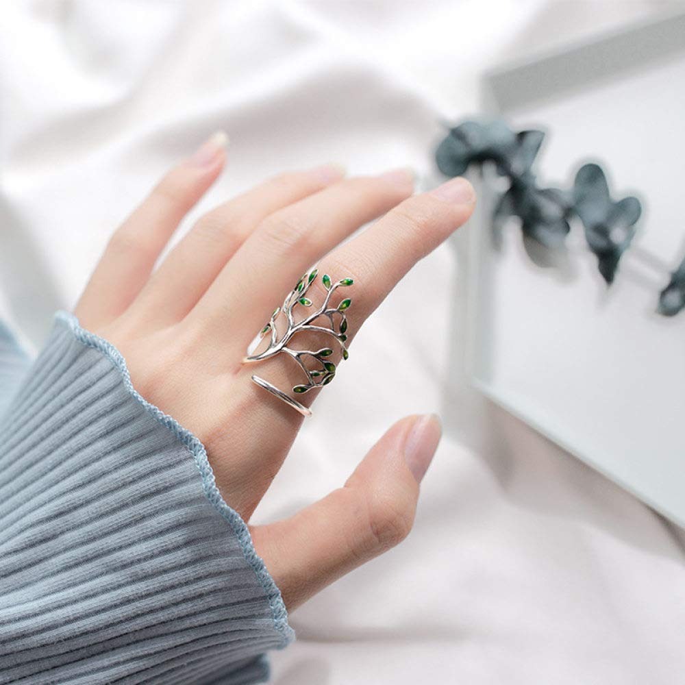 HGJH Verstellbarer Ring, S925 Sterling Silber Grüner Blattzweig Ring Verstellbare Ringe Kleiner Frischer Offener Ring Silber Daumenring Ewigkeitsring Hochzeitscharme Schmuck Geschenke Für Männer Mädc