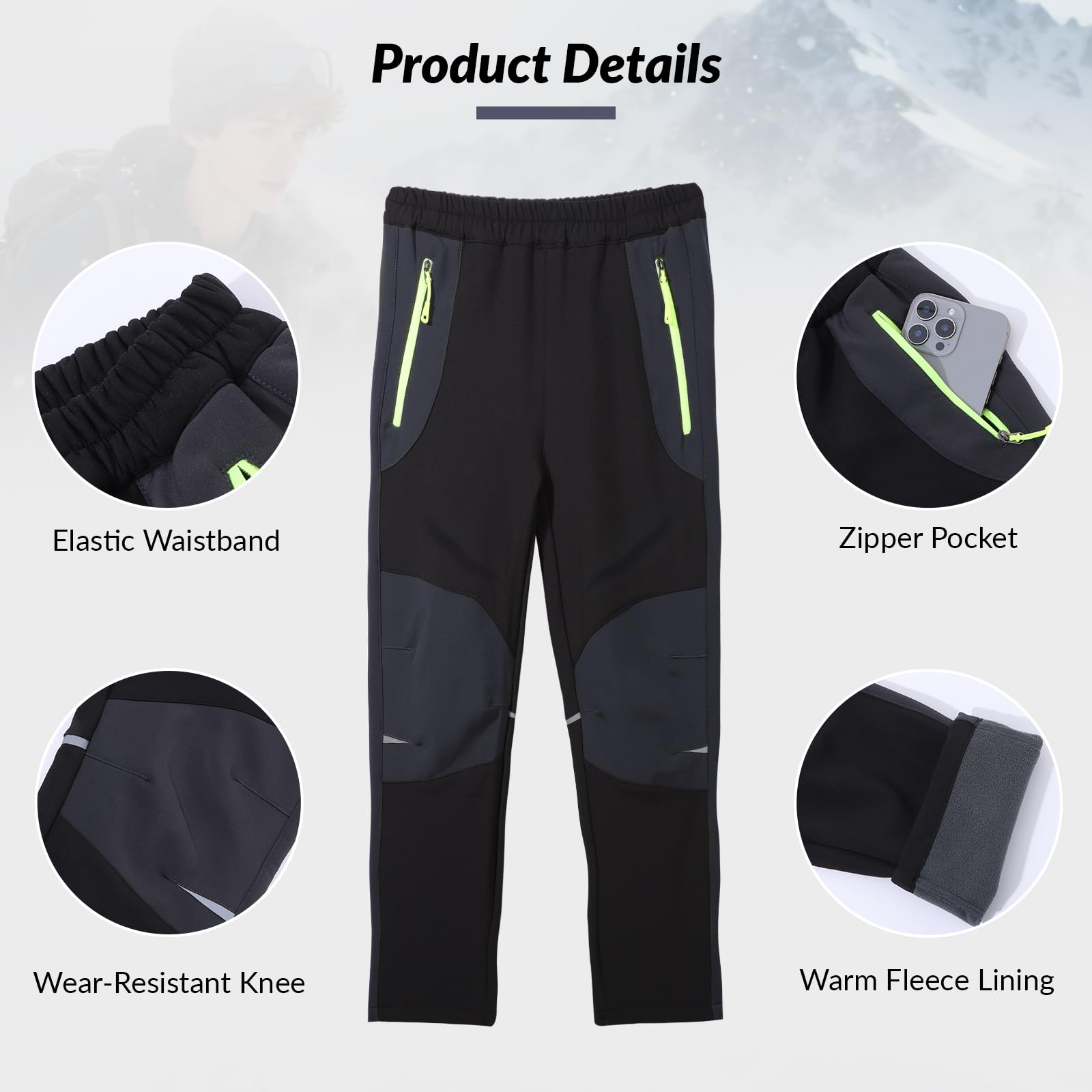LHHMZ Pantalons d’extérieur garçon Pantalons de randonnée, Pantalon de Marche d’Hiver doublé Polaire, Pantalon de Ski de randonnée d’Hiver épaississant imperméable