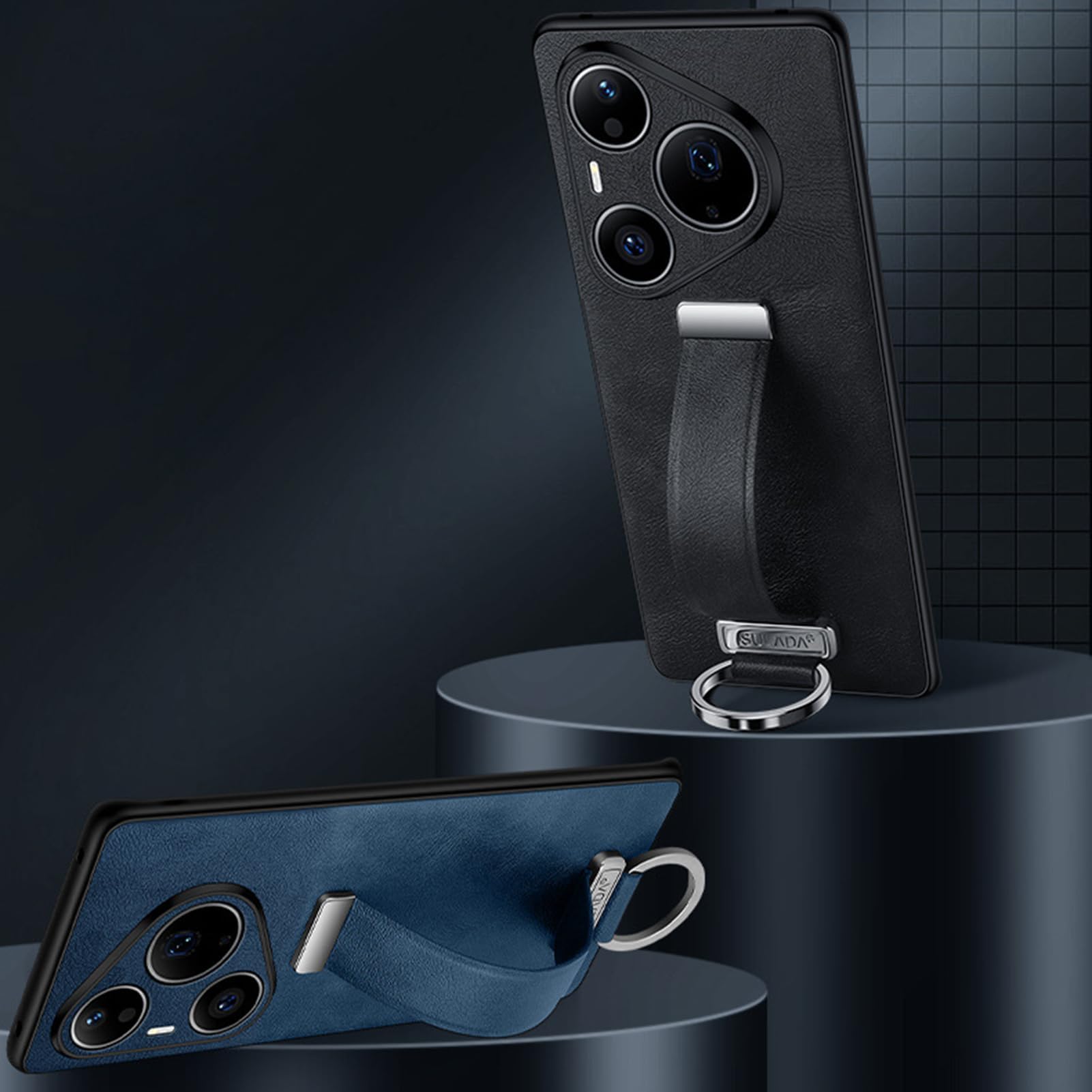 Etui biznesowe do Huawei Pura 90/90 Pro/90 Pro Max, pasek na nadgarstek z pierścieniem skórzana osłona ochrona aparatu minimalistyczna ultracienka obudowa, 90pro, niebieskie