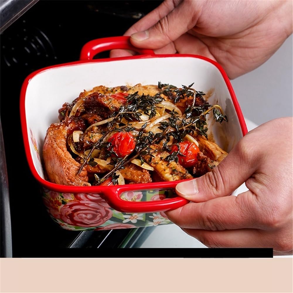 Lasagne Auflaufform 1000 ml handbemaltes Backblech aus Keramik mit Doppelohr in Unterglasurfarbe, geeignet for Haushaltsöfen, Mikrowellenherde und quadratische Teller Auflaufformen