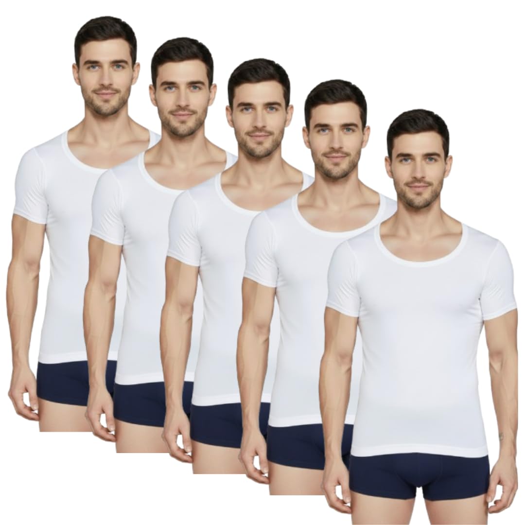 Men's White Cotton Round Neck Half Sleeve Vest, Regular Fit, Lightweight Summer Innerwear, Pack of 2-picture-22