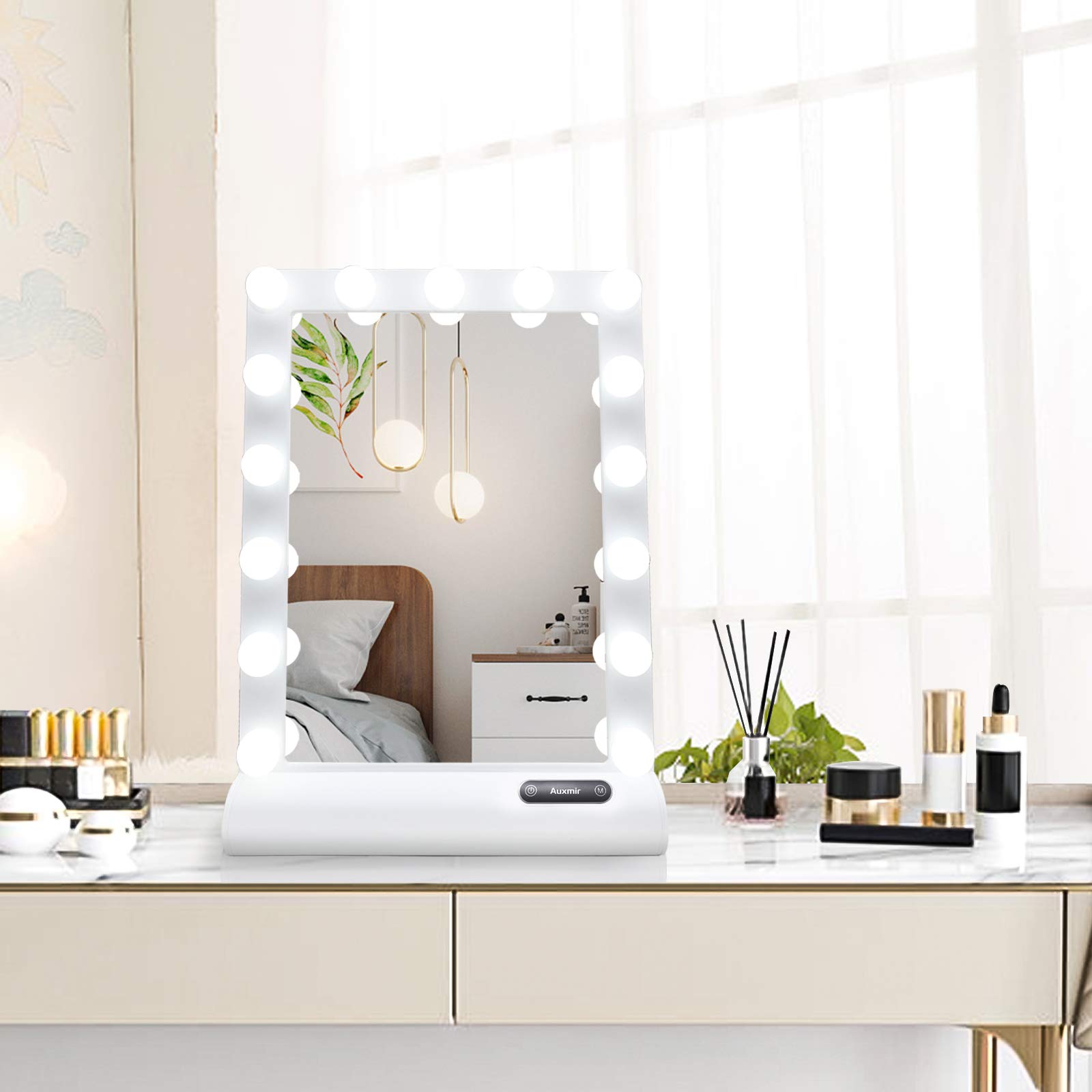 Auxmir Hollywood Schminkspiegel mit Beleuchtung, 15 dimmbare LED, 3 Lichtmodi Touch Control, Tischplatte oder Wandhalterung, Tischspiegel für Schlafzimmer, Schminktisch, Ankleidezimmer & Studio, Weiß