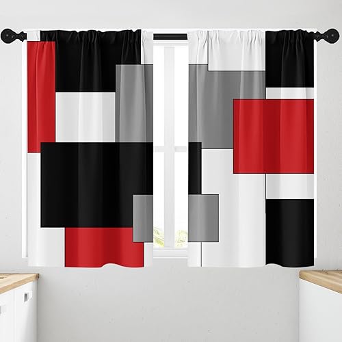 Vista 169 de Cortinas geométricas de cocina negras y grises de 63 pulgadas de largo, juego de 2, cortinas grises y blancas para dormitorio, sala de estar, Gris