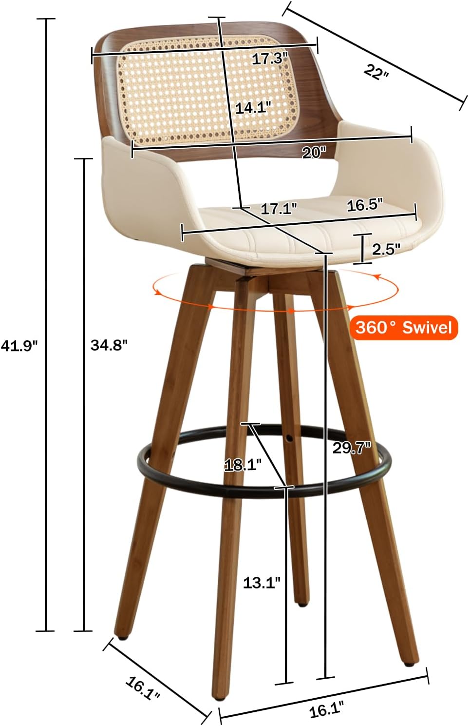 AQG Bar Stools Set of 2, 29.7 Inch Rattan Swivel Bar Height Bar Stools with Cane Back, Upholstered Seat, Faux Leather Barstools for Kitchen Island (Beige, 29.7"-2 PCS)