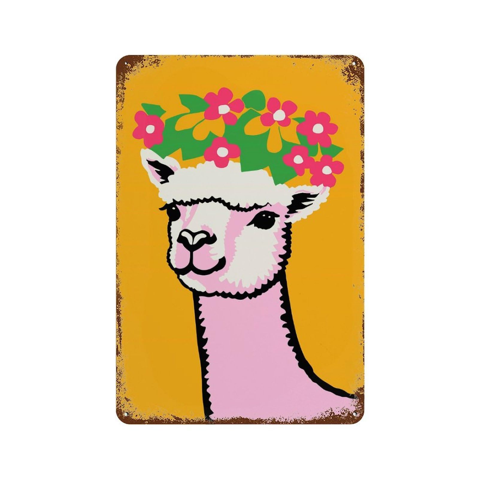 Rust Effect Alpaca with Flower Crown Aged Metal Wall Plaque 11.8"x7.9", Shabby Chic Decor for Living Room, Hallway And Home Decor